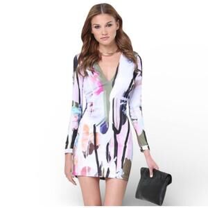Bebe Multicolor Abstract Long Sleeve Floral Bodycon Scuba Dress - Size xs